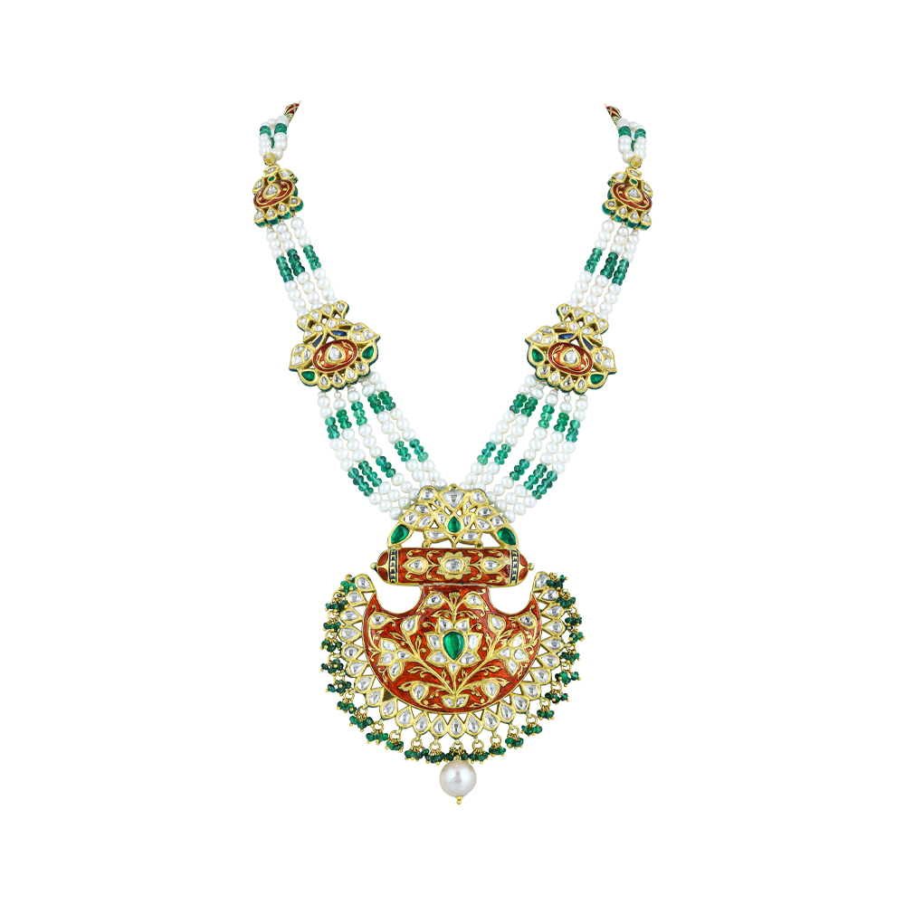Red Enamel Polki Pendant Necklace with Pearls & Emerald Beads
